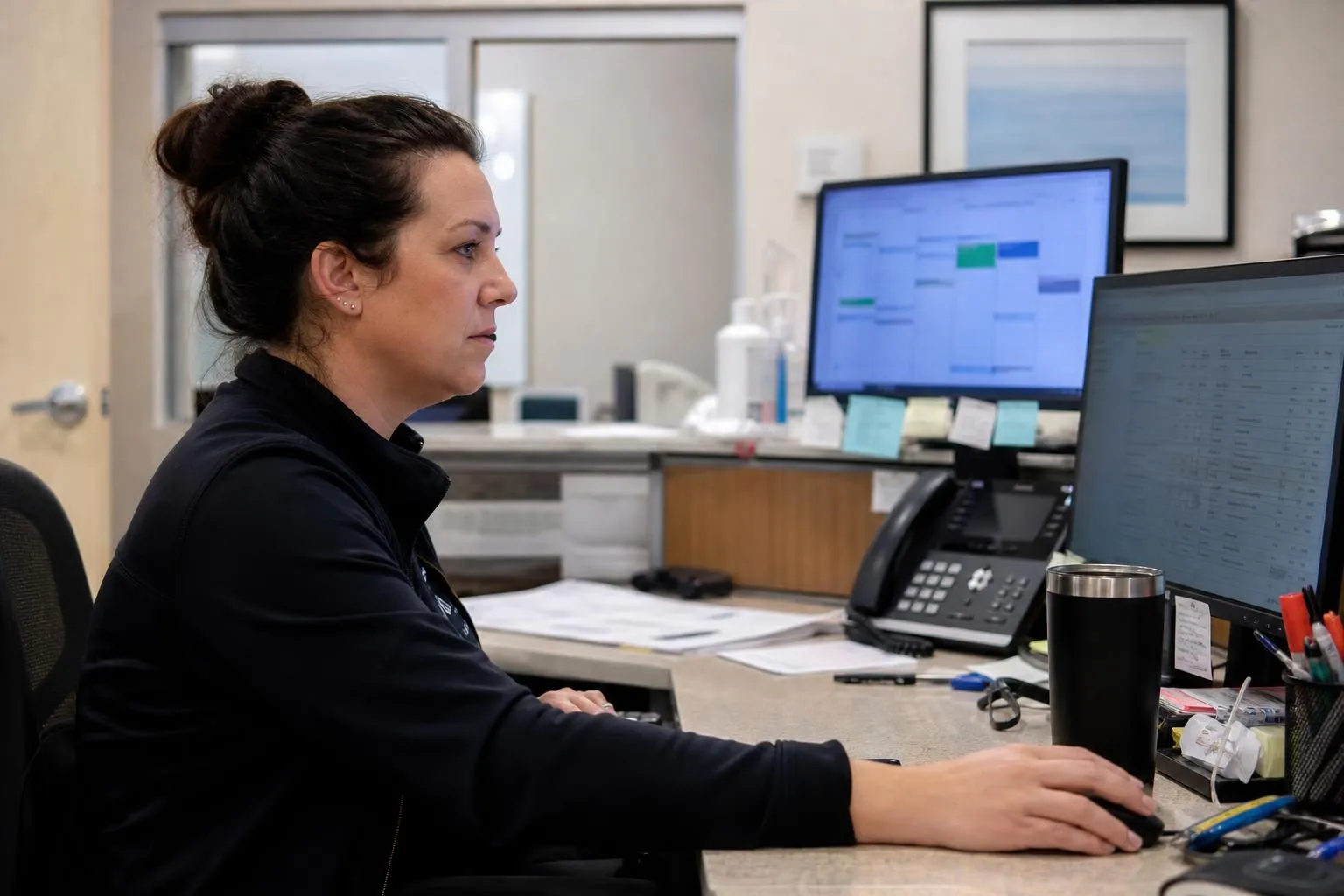 A practice coordinator reviewing patient intake forms on her screen at a medical office front desk
