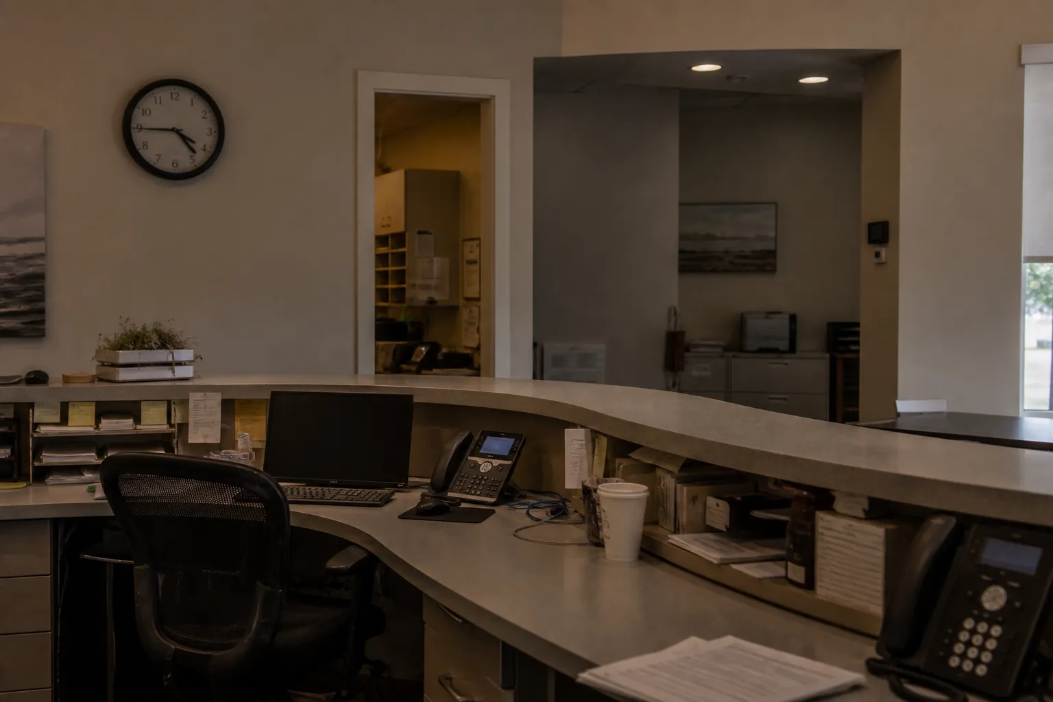 Empty medical practice reception desk in the evening with the phone lit up and unanswered