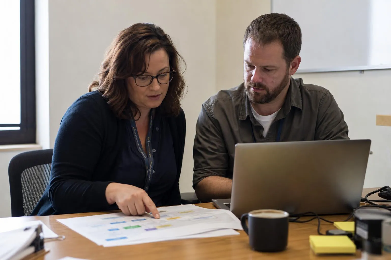 Two members of a practice operations team reviewing a printed call-routing workflow diagram beside a laptop