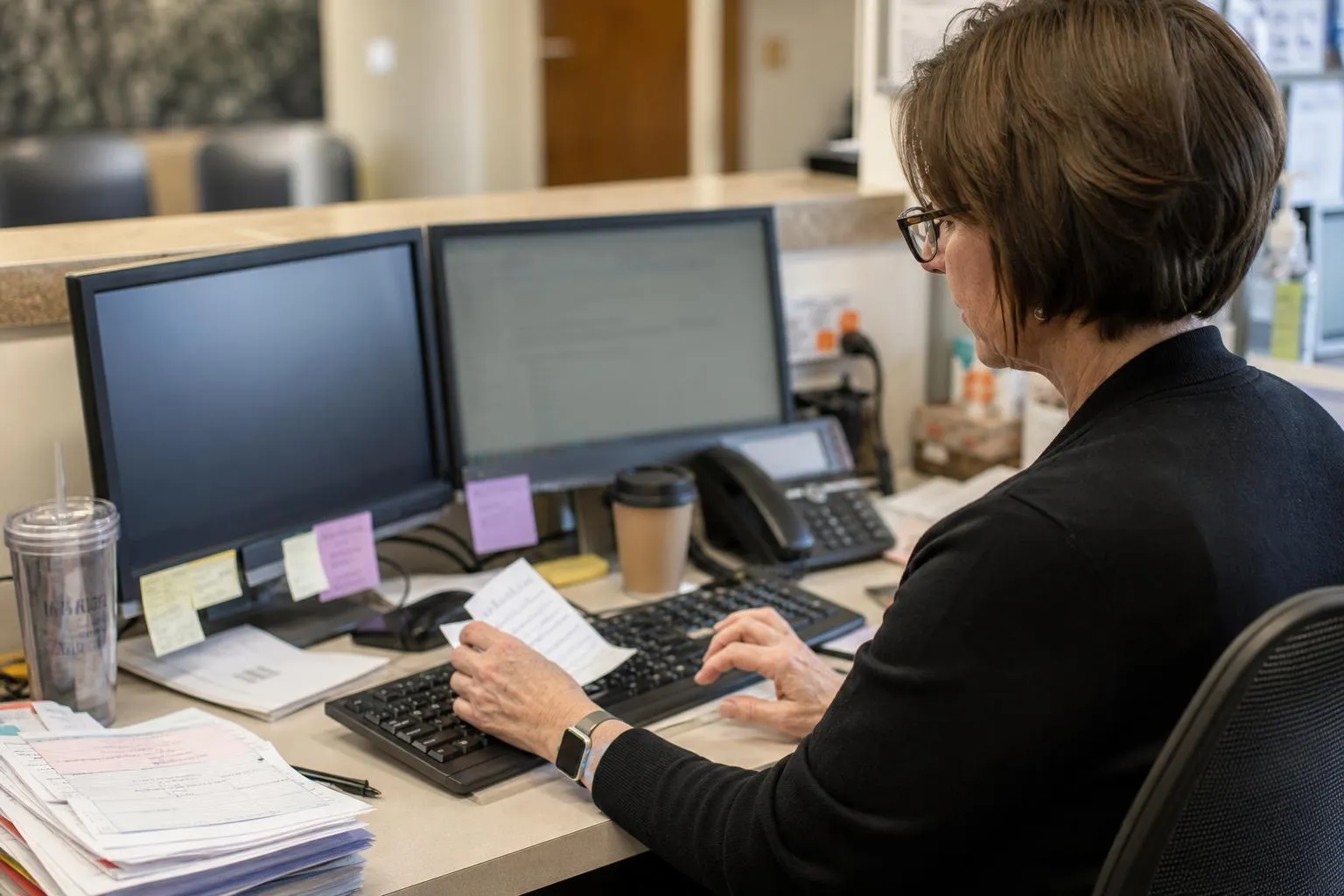 A front desk staff member at a medical practice retyping a handwritten phone message into a patient chart on a second monitor