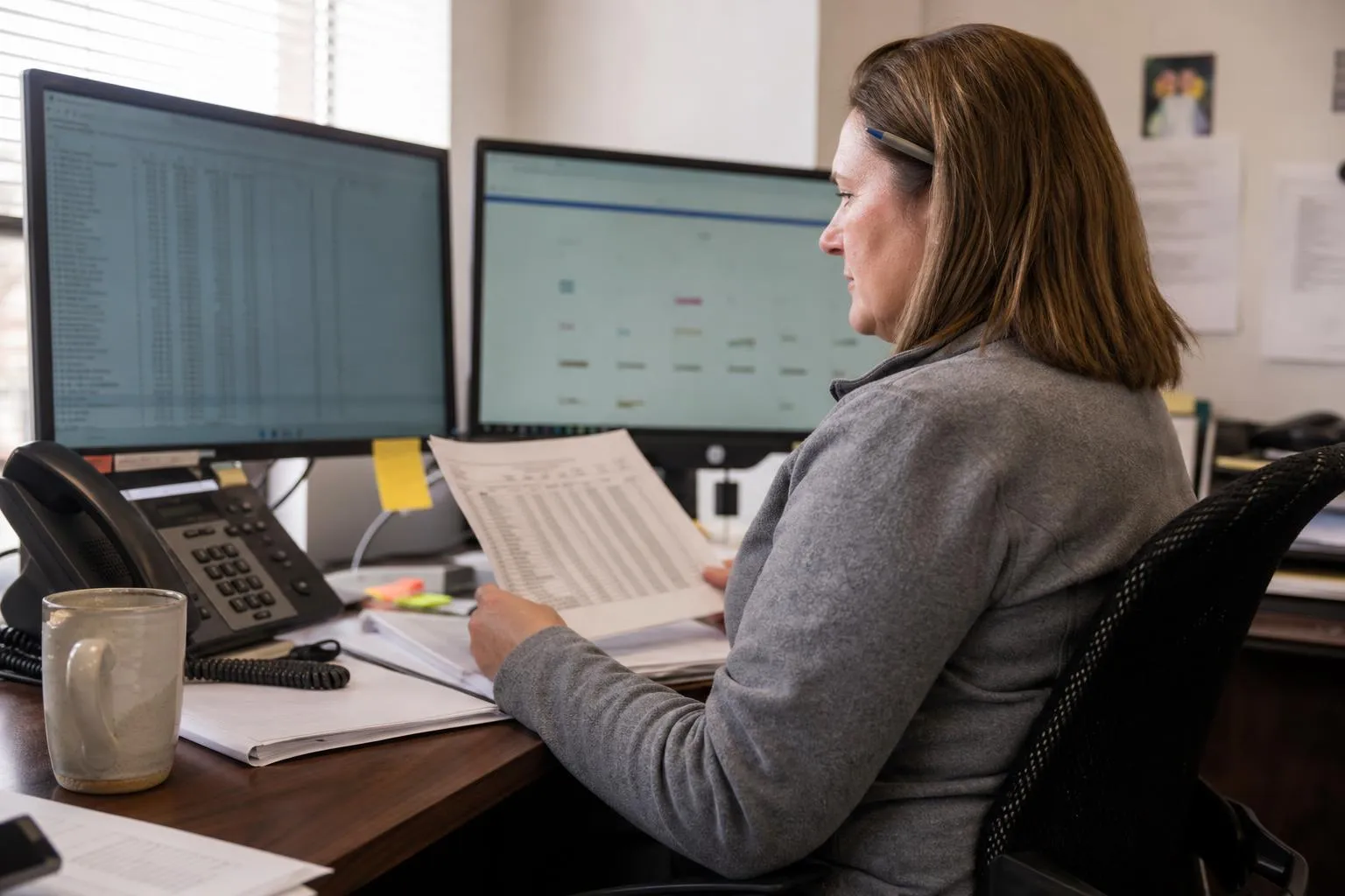 An operations lead reviewing call and scheduling reports across several clinic locations