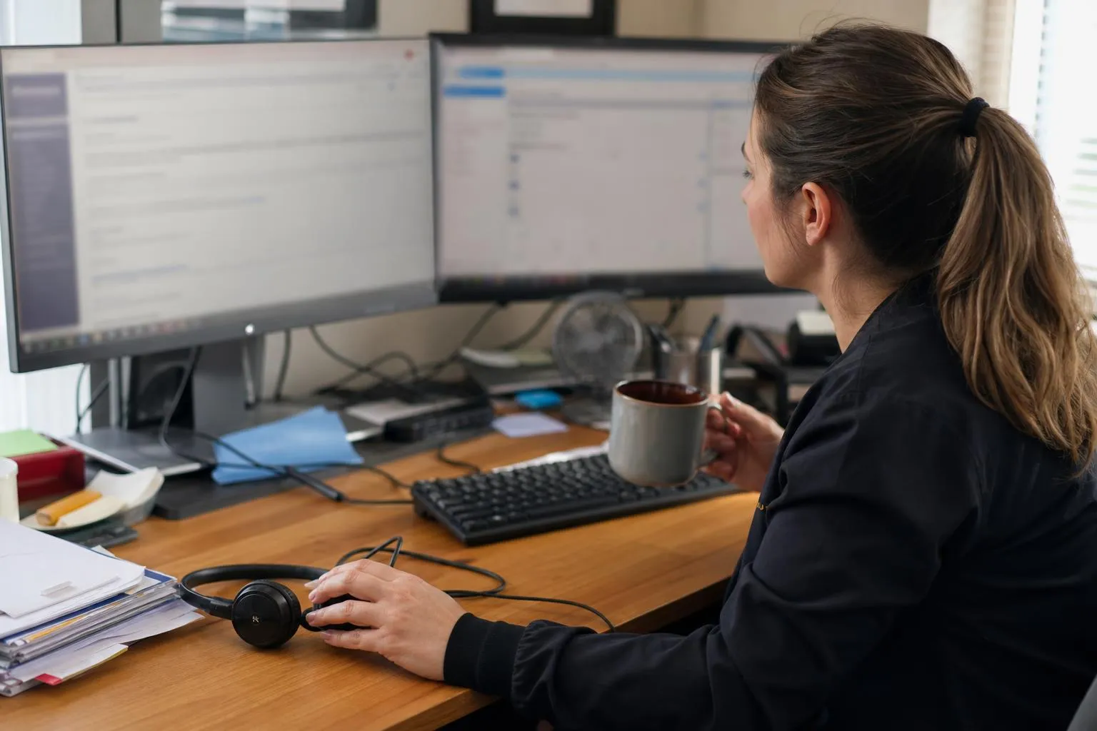 A practice staff member reviewing a structured call summary on a monitor before returning a patient call
