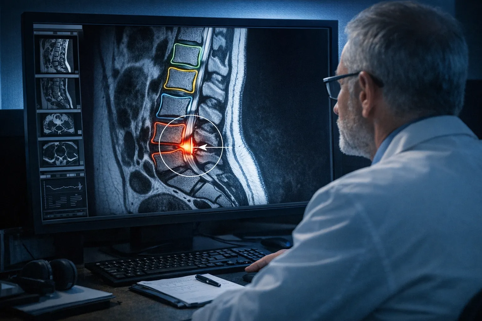 AI-annotated spinal MRI interpretation concept showing automated vertebral segmentation and stenosis identification