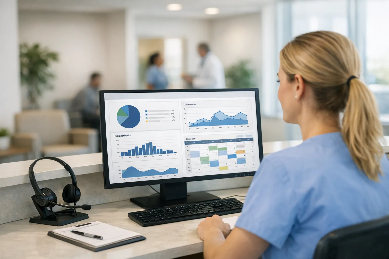 AI voice front desk automation concept for a pain management practice with staff member reviewing call analytics dashboard
