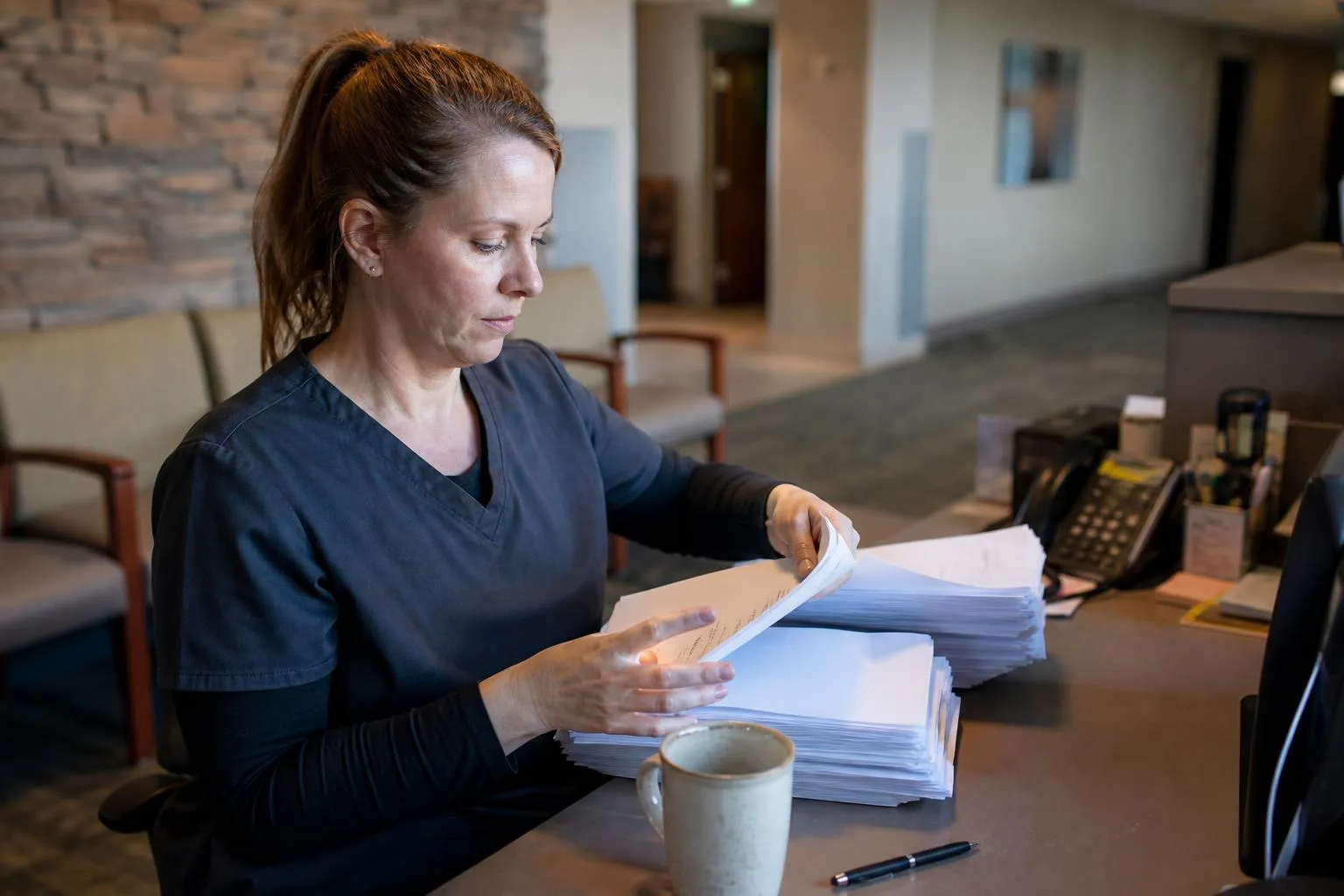 Practice manager sorting a stack of vendor invoices and contracts at a clinic front desk
