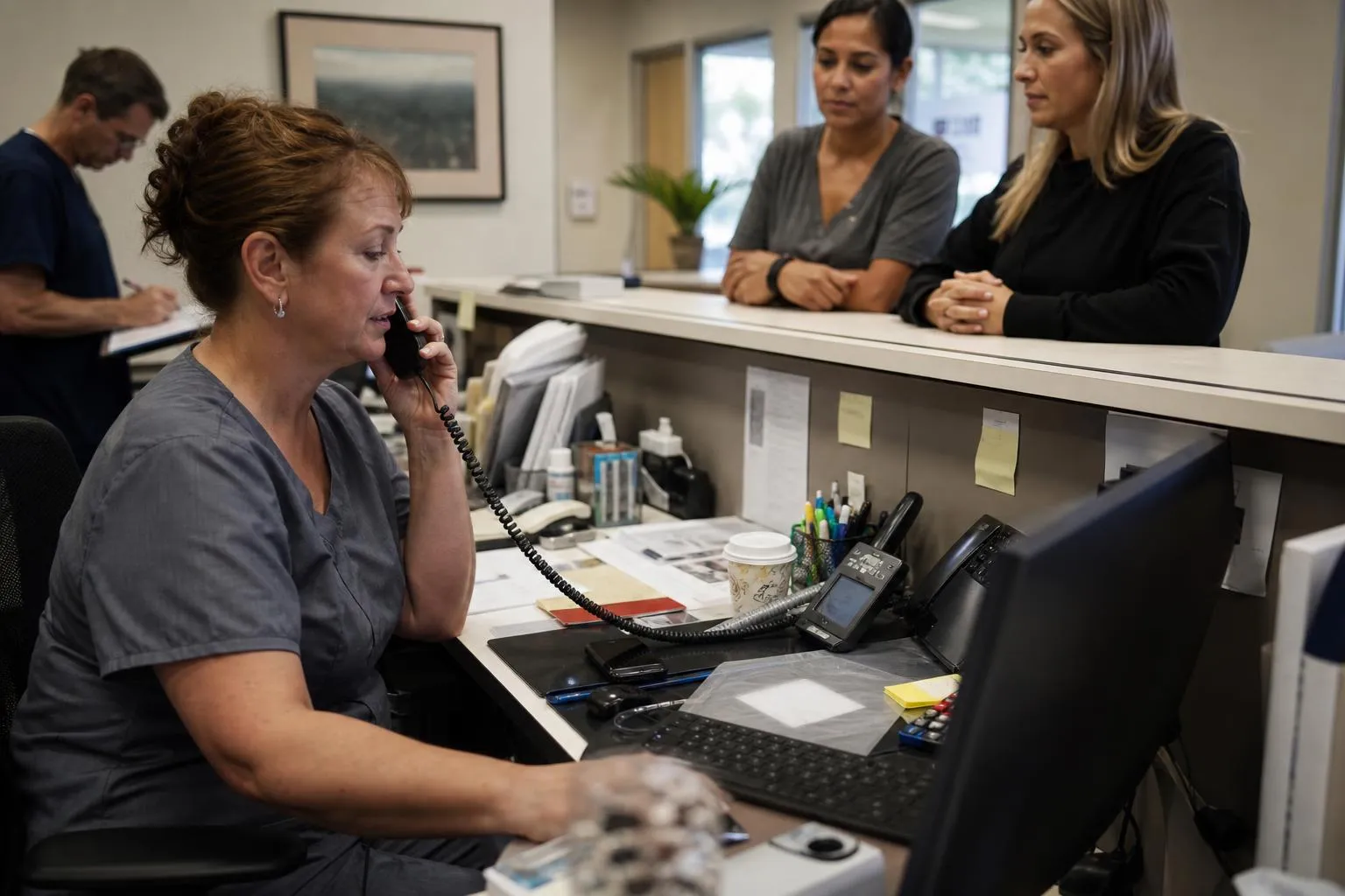 A front desk coordinator at a medical practice answering phone calls while patients wait at the check-in counter during a busy morning