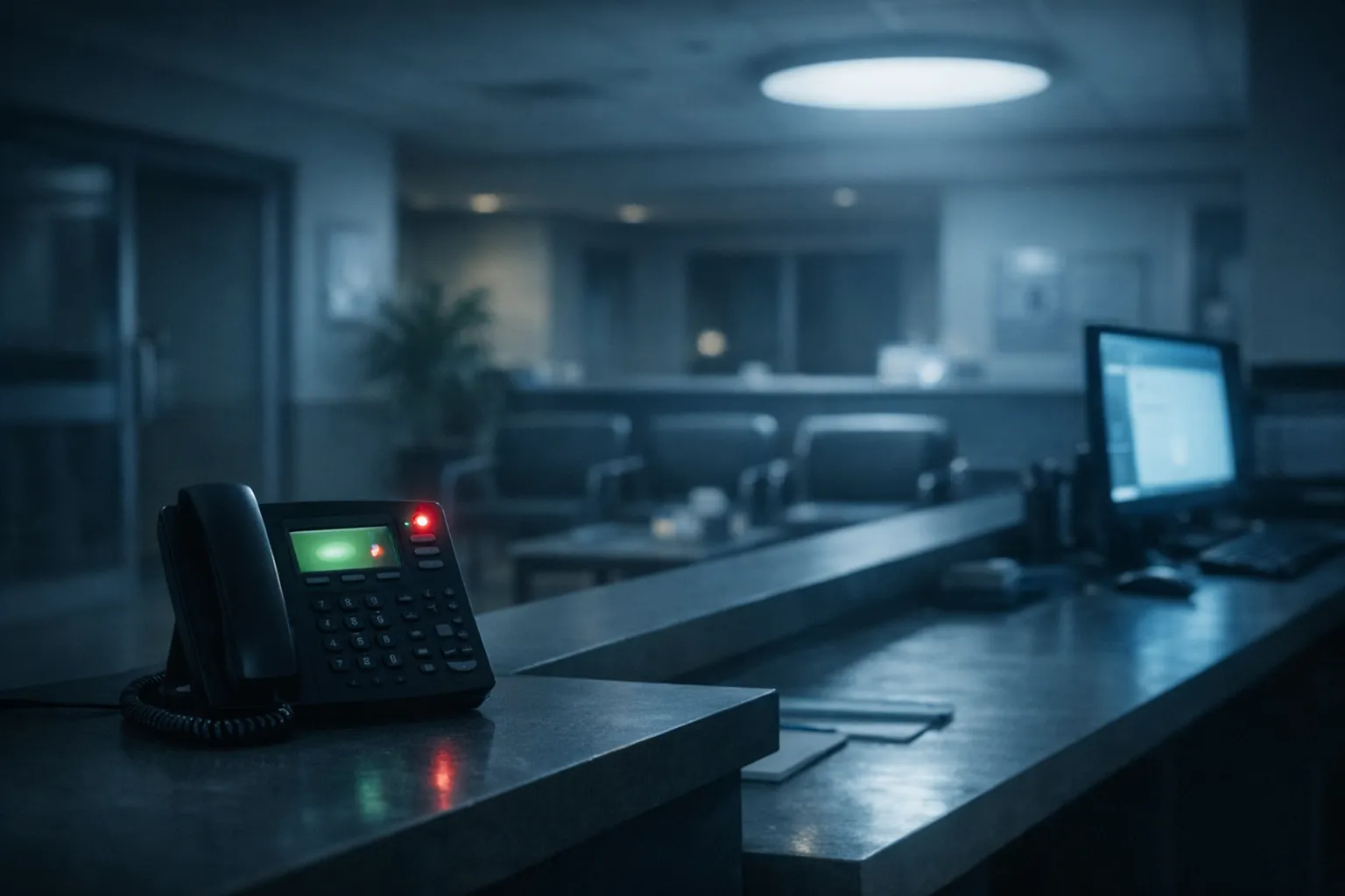Empty medical practice front desk at night with phone ringing — symbolizing after-hours patient inquiries going unanswered