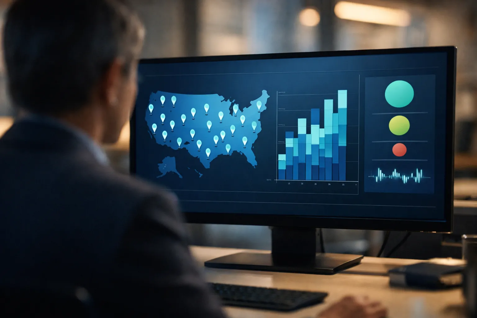 Conceptual visualization of a multi-location healthcare operations dashboard with real-time response metrics