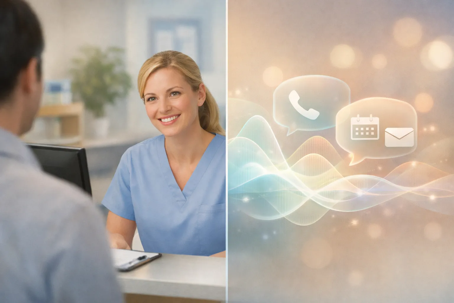 A healthcare receptionist at a front desk helps a patient while soft AI voice waveforms illustrate background call handling