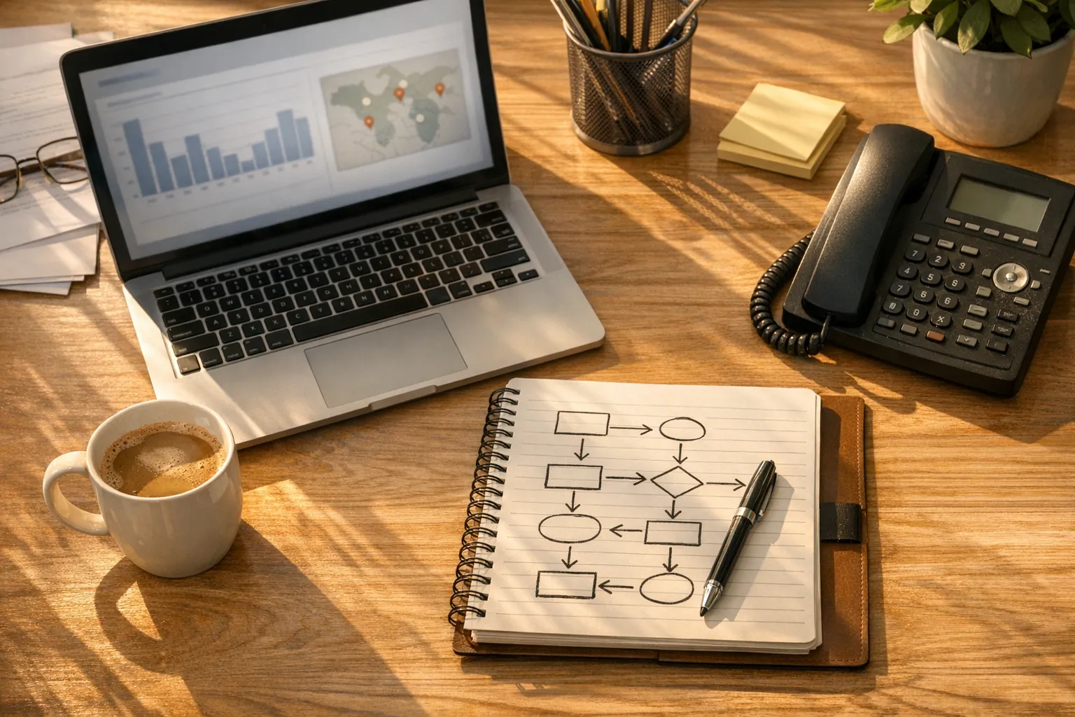 A healthcare operations manager's desk with an analytics dashboard, workflow notebook, and morning light suggesting thoughtful planning