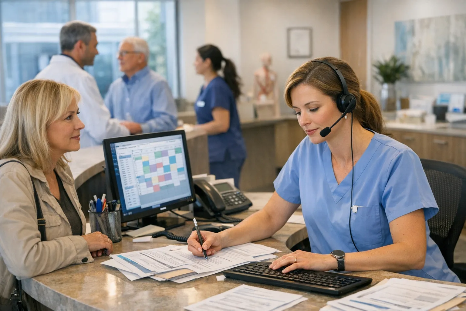 A busy medical front desk with staff managing multiple tasks simultaneously