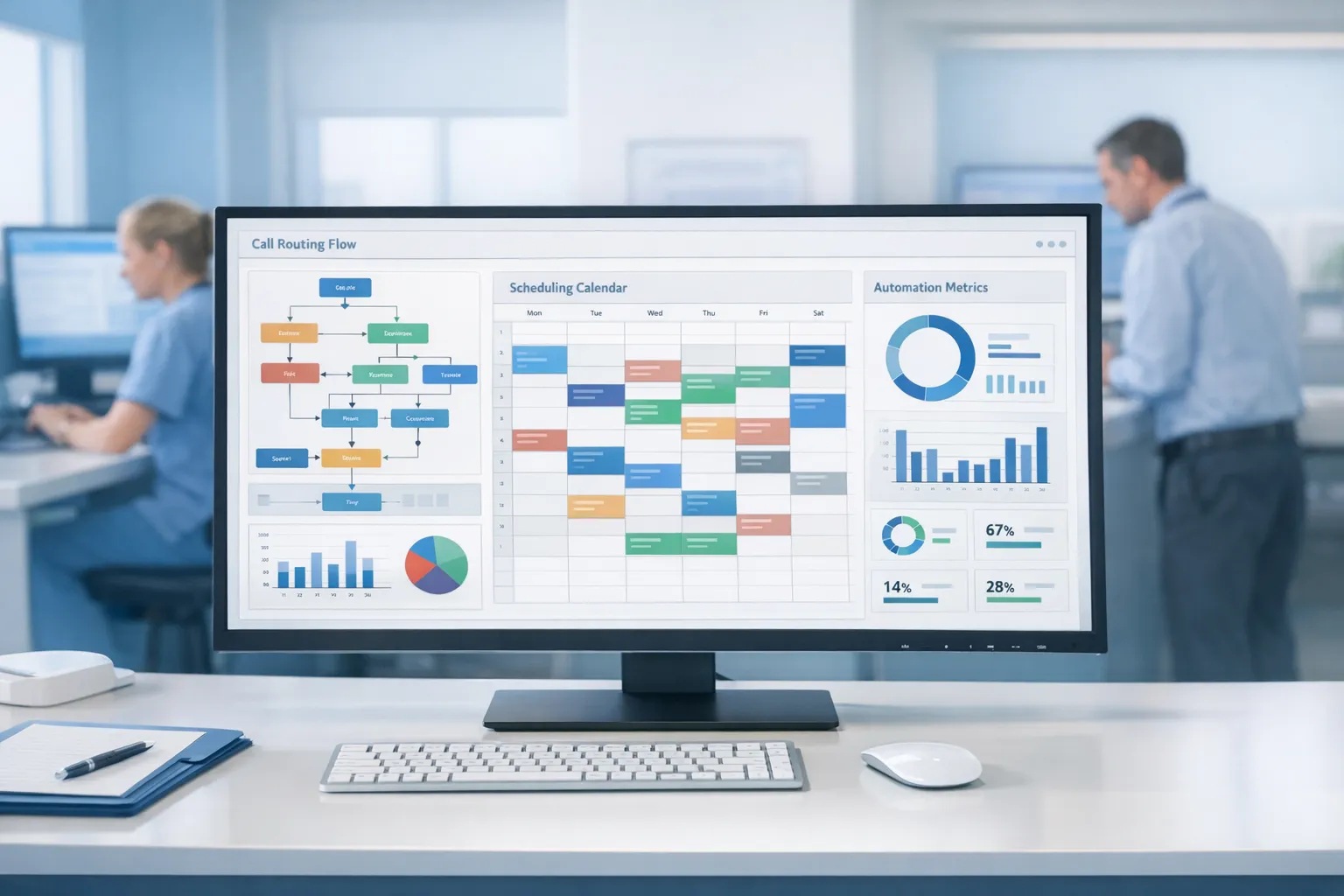 A modern healthcare operations dashboard showing automated call routing and scheduling workflows