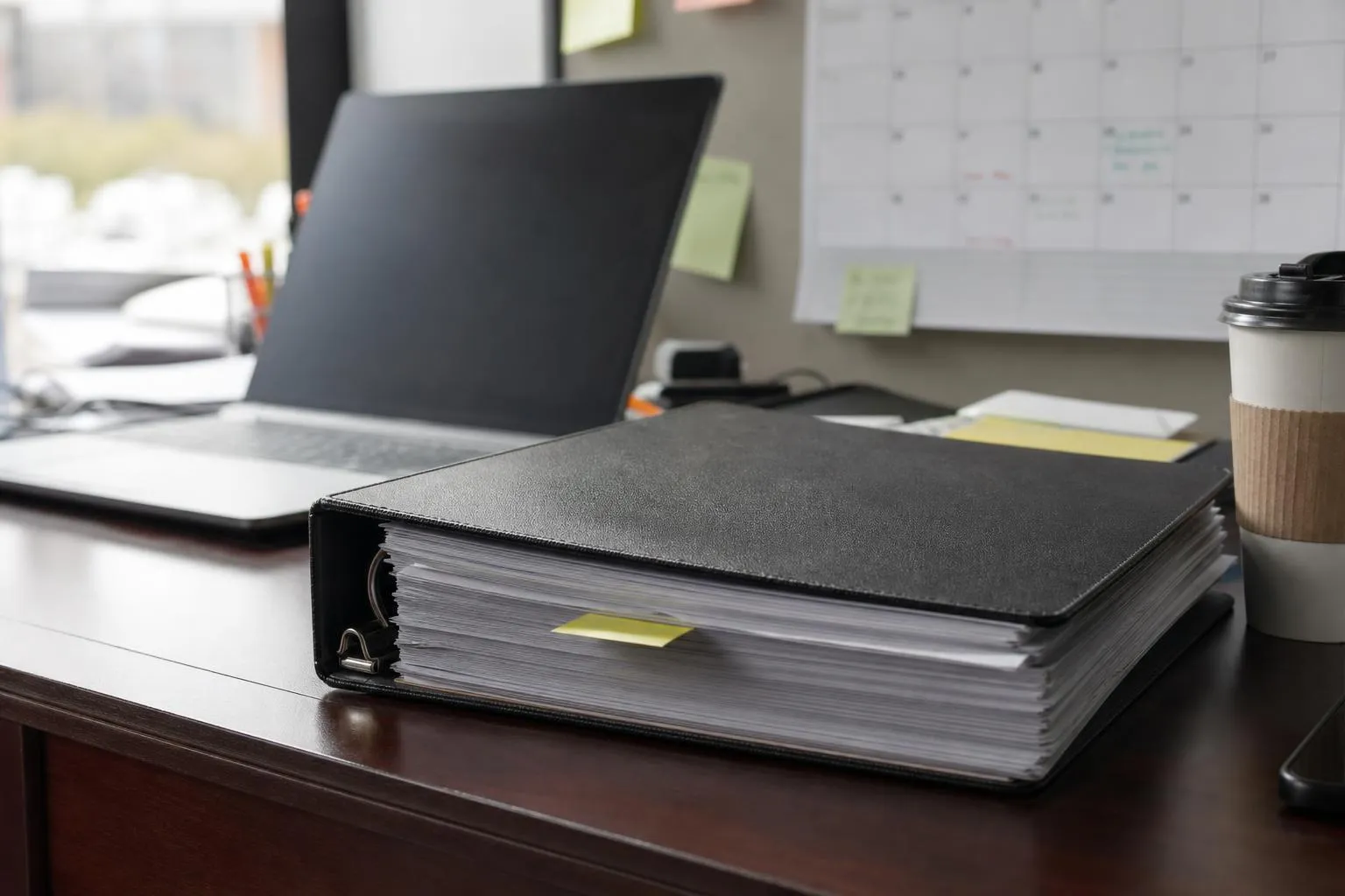 A binder of signed vendor agreements kept beside a laptop for annual compliance review
