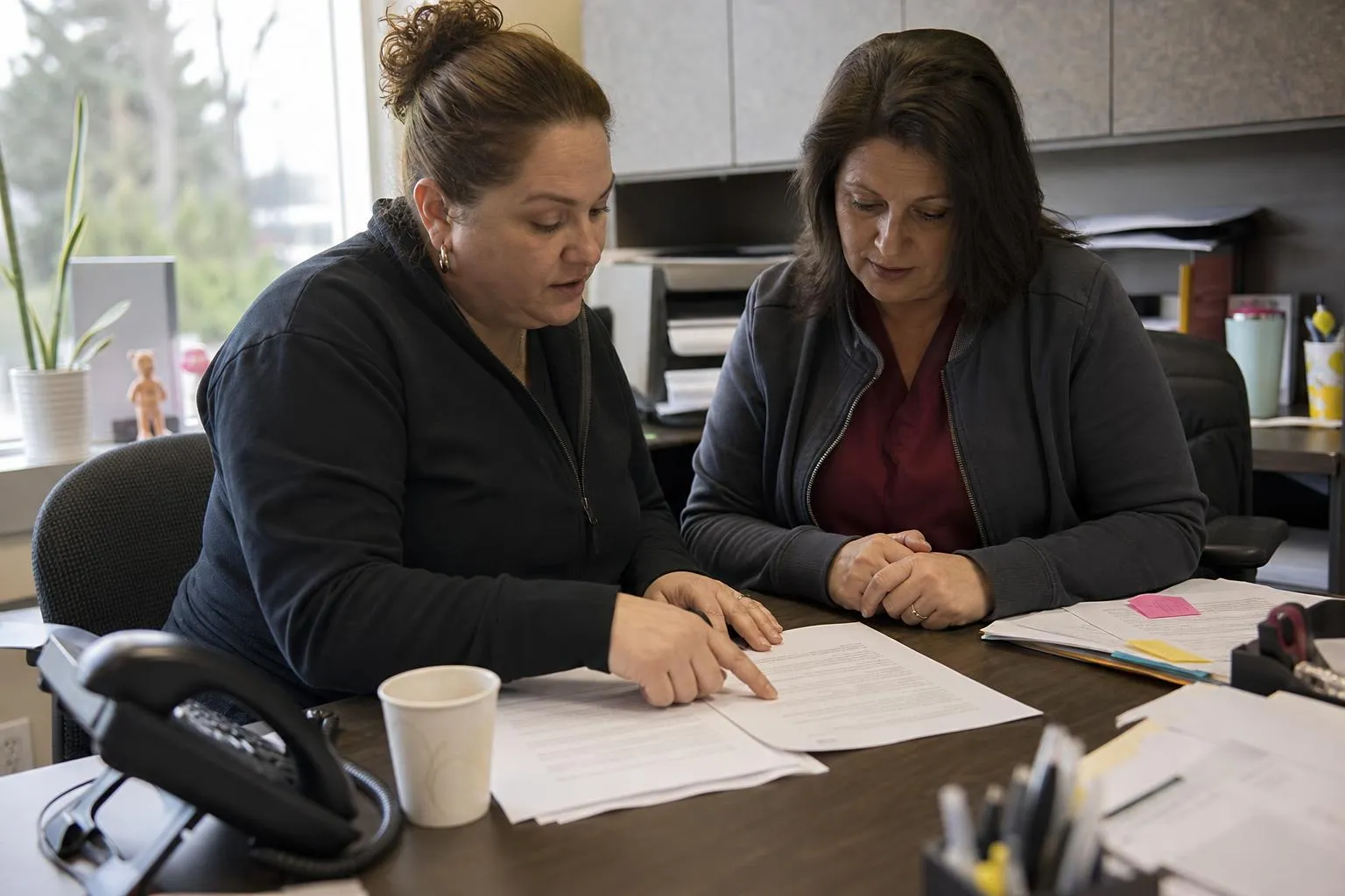 A practice administrator and an office manager reviewing a printed vendor contract at a desk