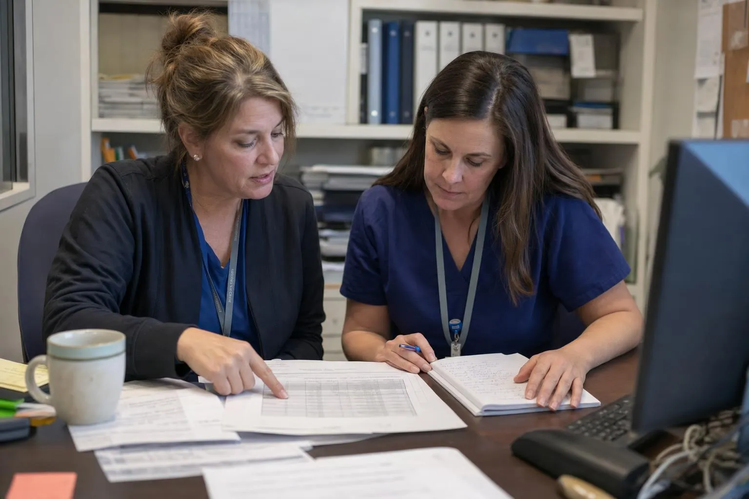 Practice administrator and office manager reviewing a printed service contract together at a desk in a clinic back office