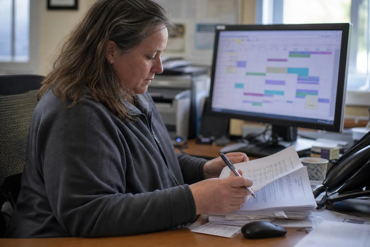 A practice administrator reviewing a weekly report of call outcomes at her desk