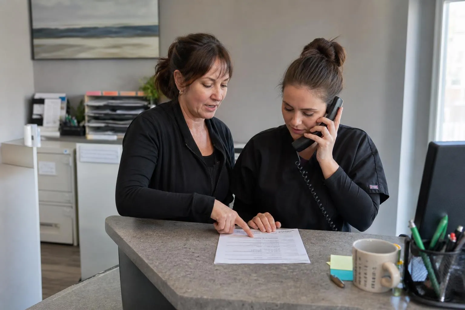 An office manager and a new front desk hire roleplaying a phone script at the front desk