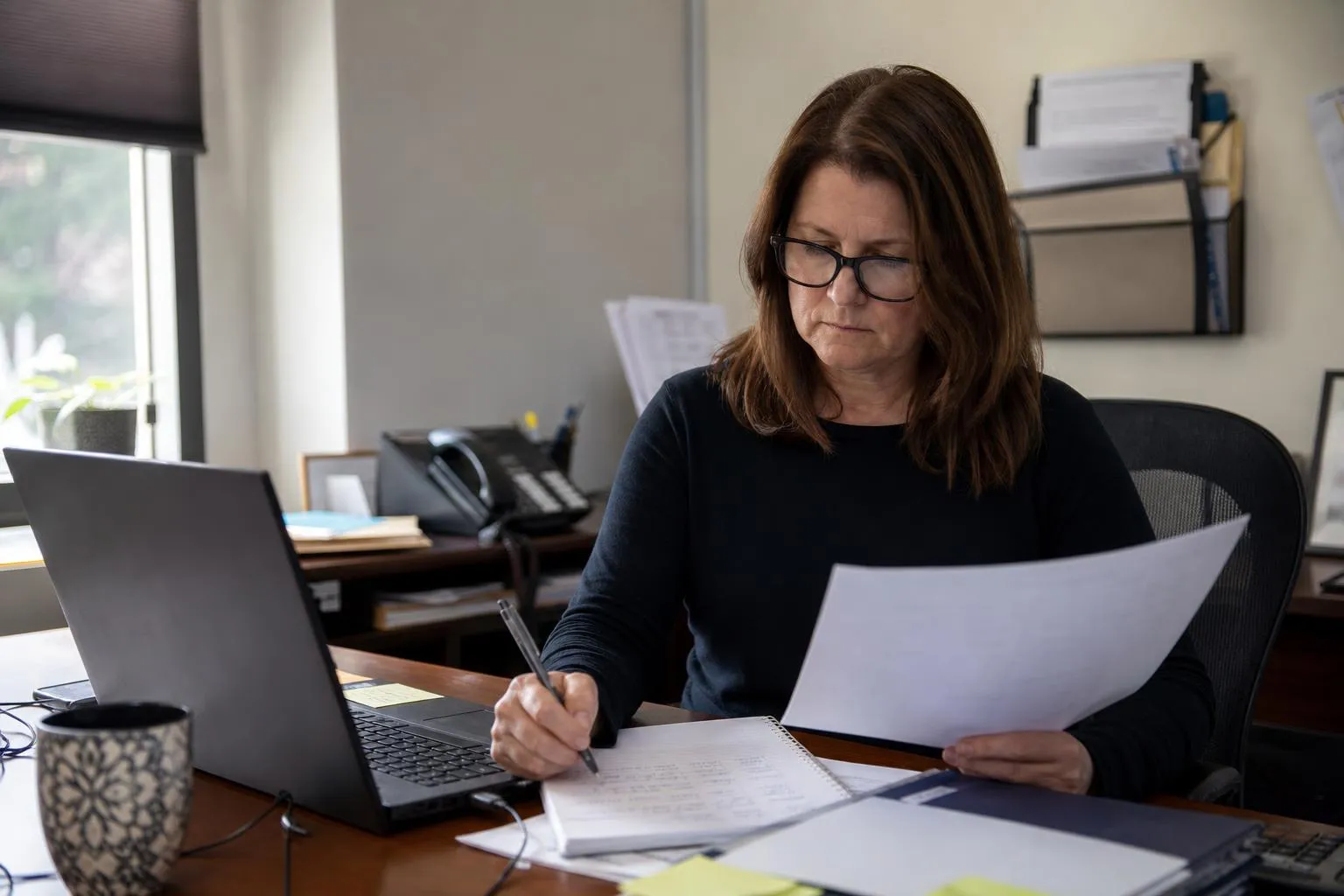 A practice administrator comparing monthly service pricing notes at her desk next to a laptop