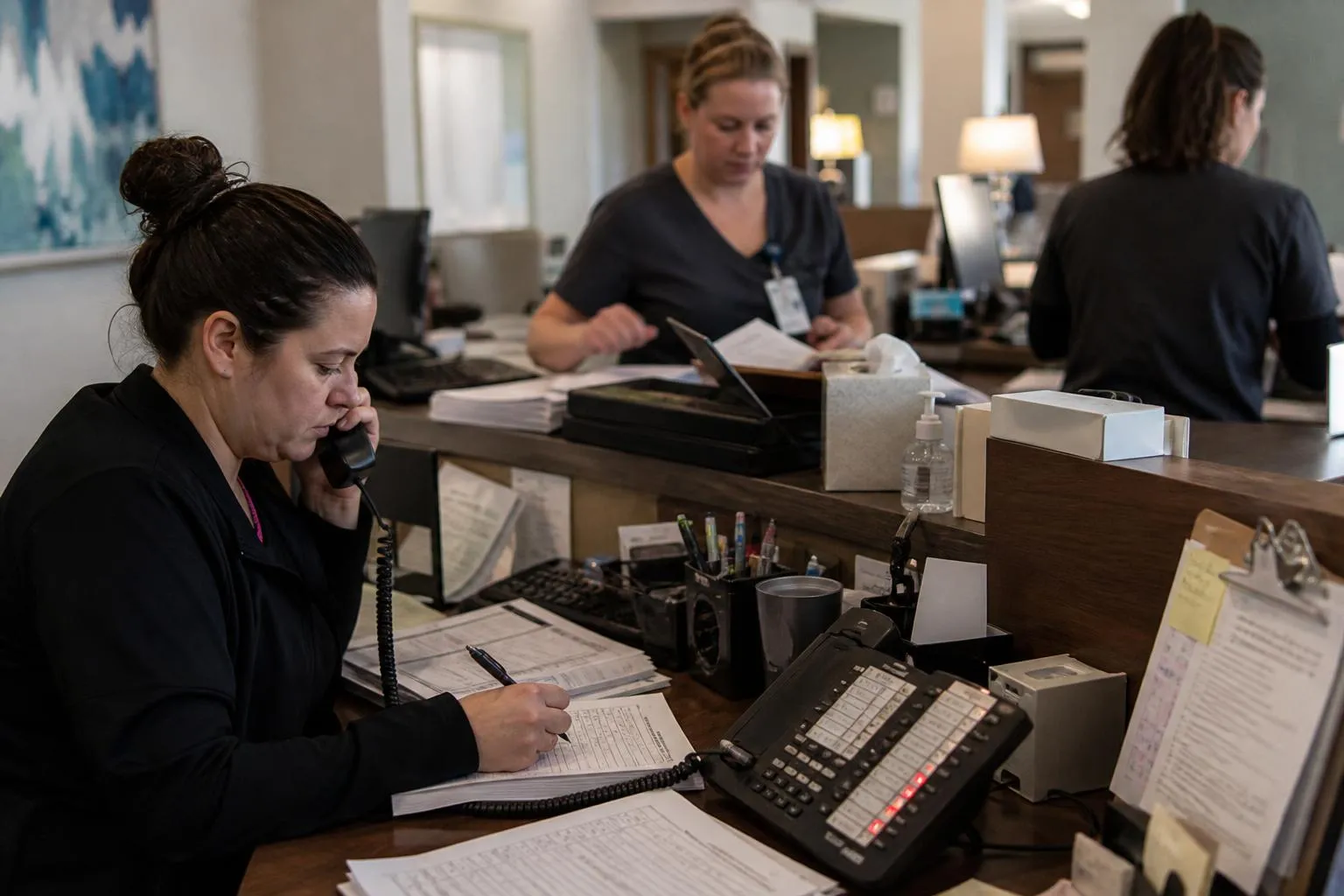 A medical office front desk during a busy morning: one coordinator on a call while two other phone lines light up