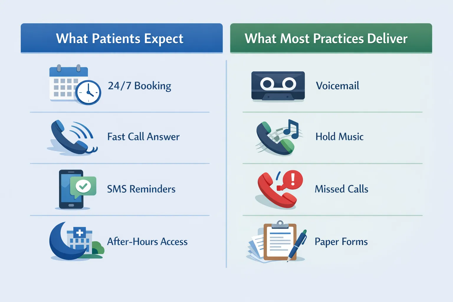 Infographic comparing patient convenience expectations versus typical healthcare practice capabilities
