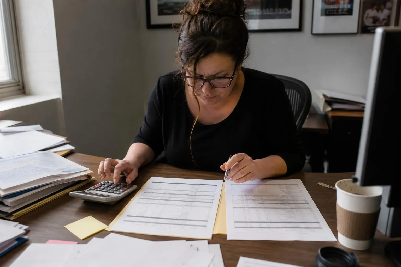 A practice administrator comparing two answering service quotes at a desk