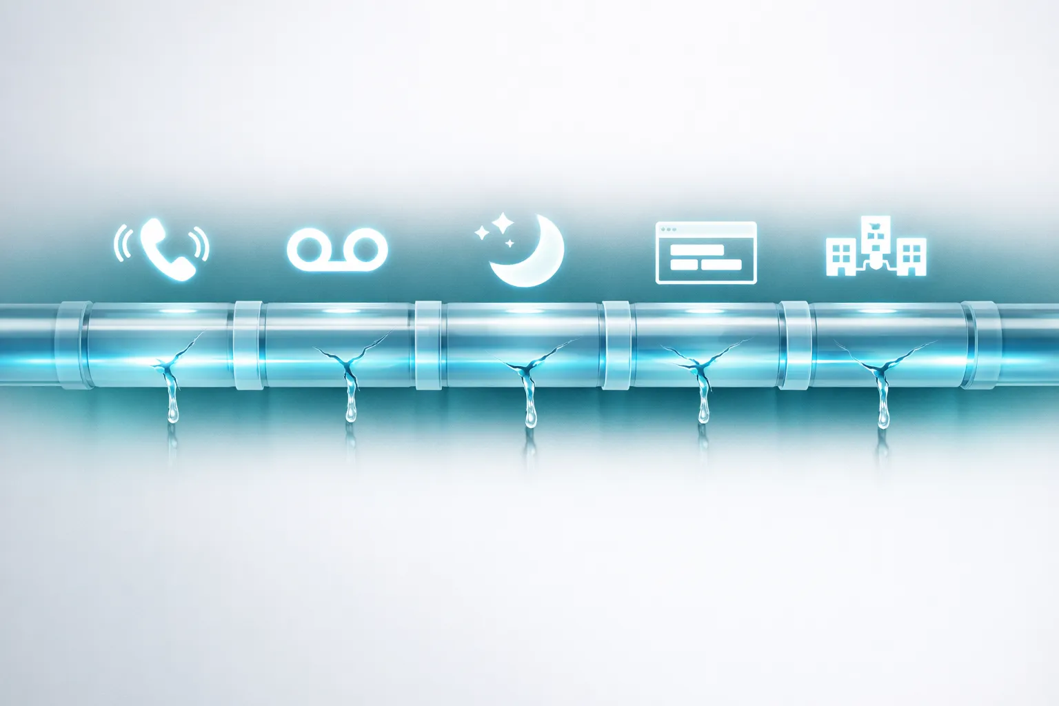 A horizontal pipeline made of five distinct translucent glass segments, each with a subtle drip symbolizing a leak point — representing the five breakpoints where patient response time breaks down