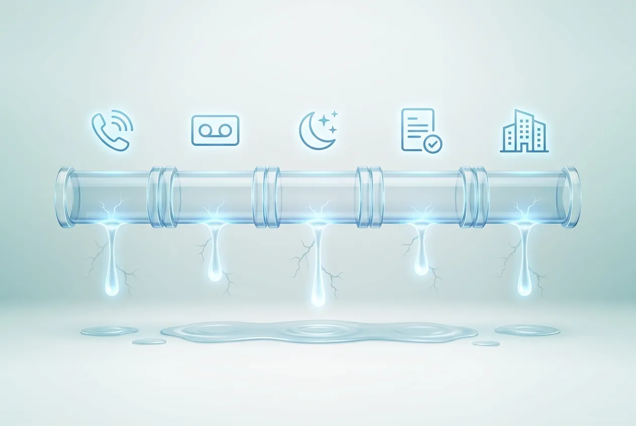 A horizontal pipeline made of five distinct translucent glass segments, each with a subtle drip symbolizing a leak point — representing the five breakpoints where patient response time breaks down