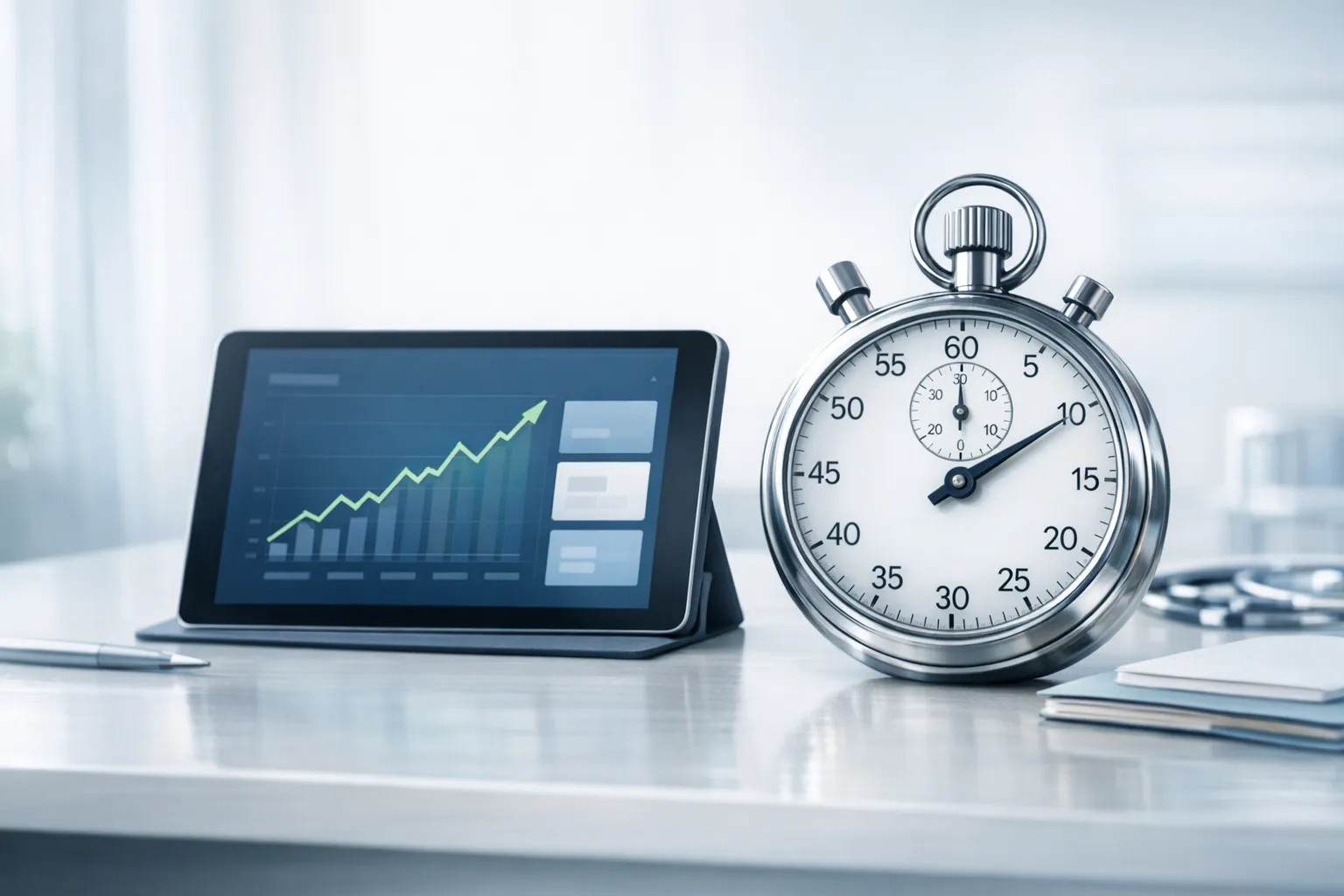 A sleek minimalist tablet displaying an abstract financial dashboard with an upward-trending green line graph alongside a silver stopwatch, symbolizing the link between response time and revenue