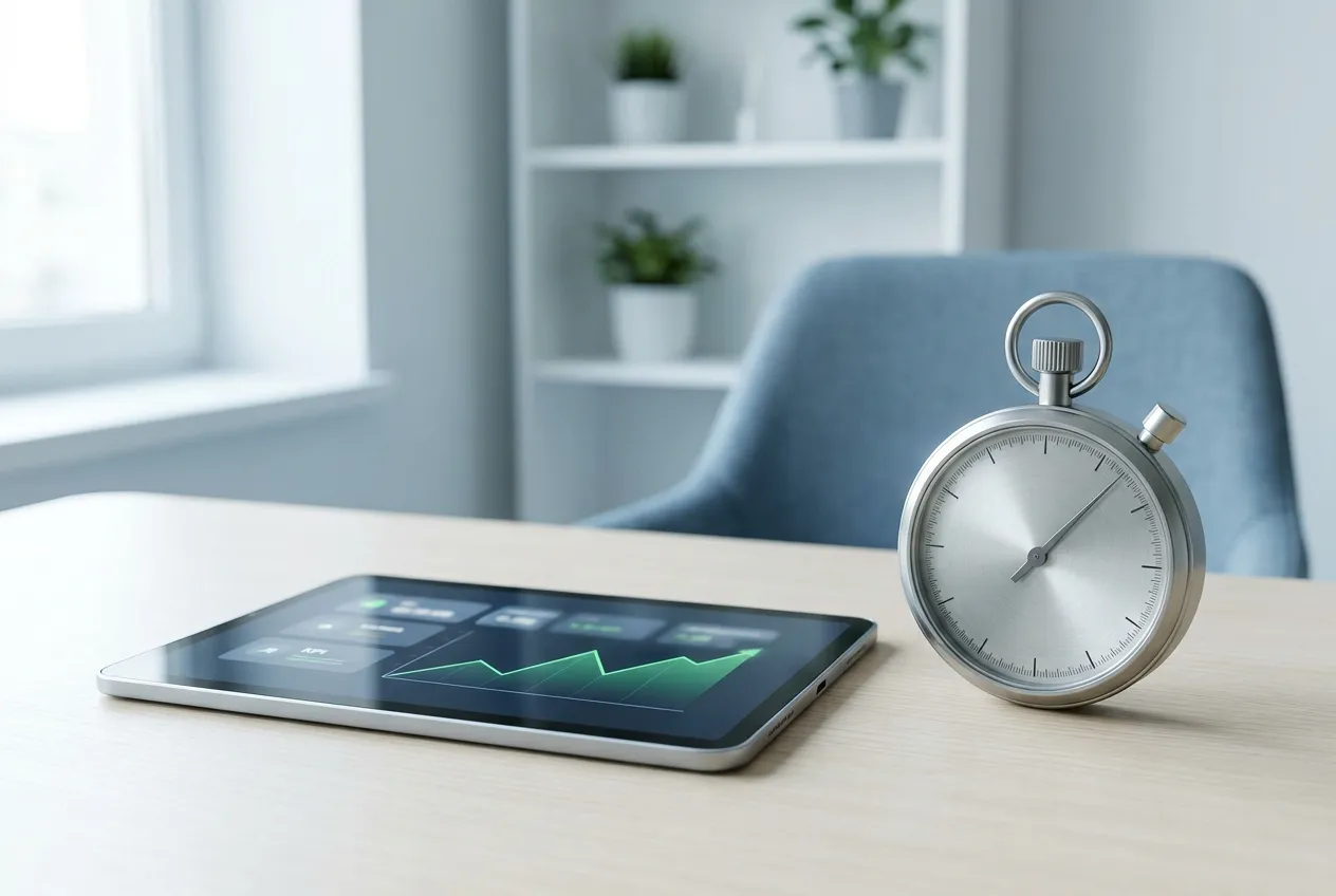 A sleek minimalist tablet displaying an abstract financial dashboard with an upward-trending green line graph alongside a silver stopwatch, symbolizing the link between response time and revenue