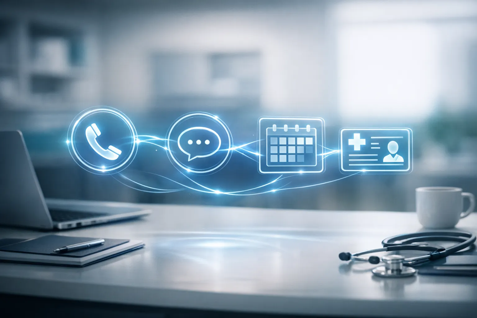 A glowing translucent workflow diagram floating above a healthcare administrator's desk, connecting phone, SMS, calendar, and EHR icons with smooth flowing light-blue lines