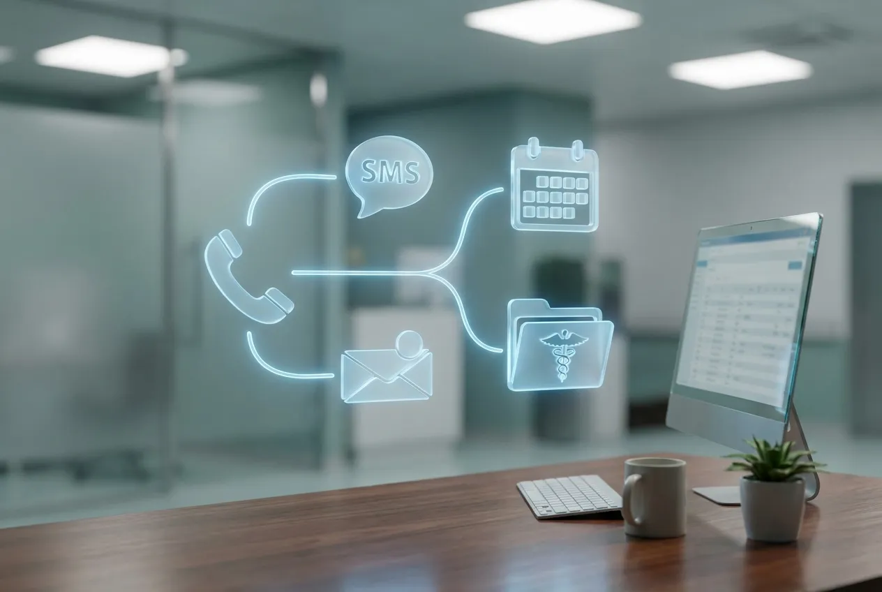 A glowing translucent workflow diagram floating above a healthcare administrator's desk, connecting phone, SMS, calendar, and EHR icons with smooth flowing light-blue lines