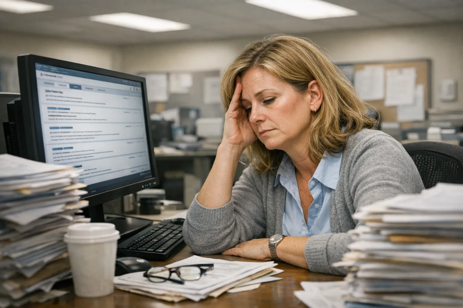 A healthcare administrator reviewing a job posting on a computer, looking frustrated