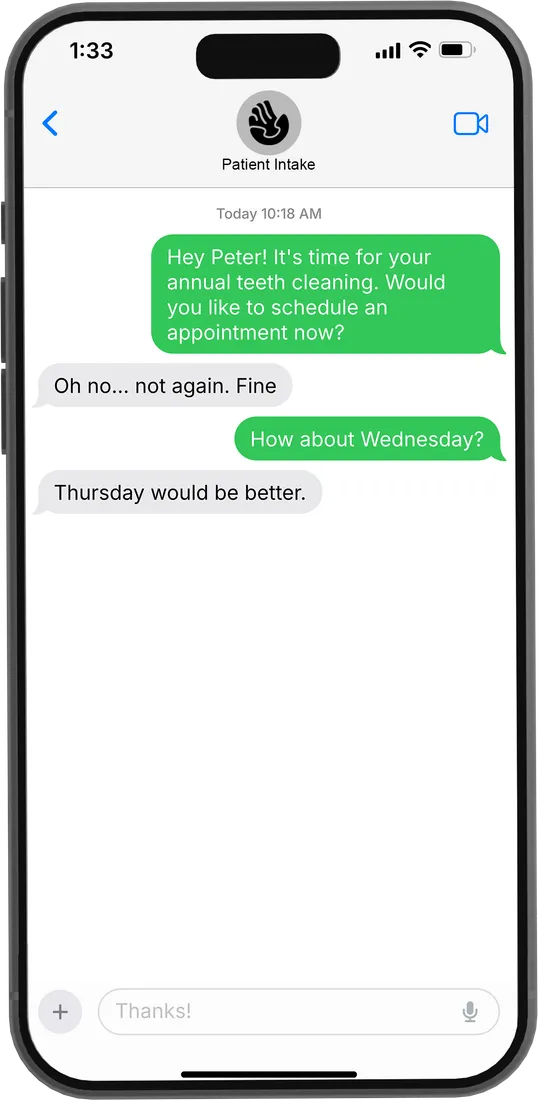 Phone mockup showing Greetmate SMS conversation